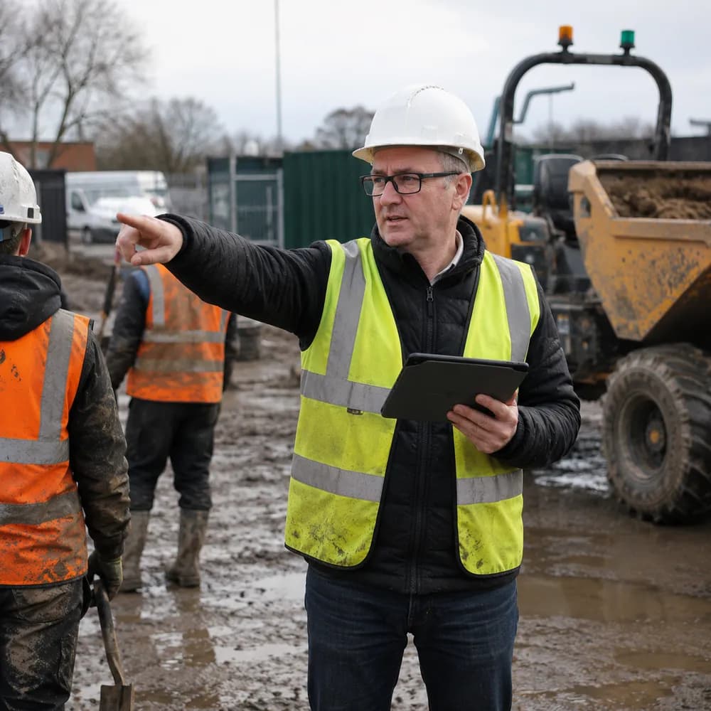 A Rhino Civils site manager in hi-vis directing groundworkers on a UK construction site, tablet in hand
