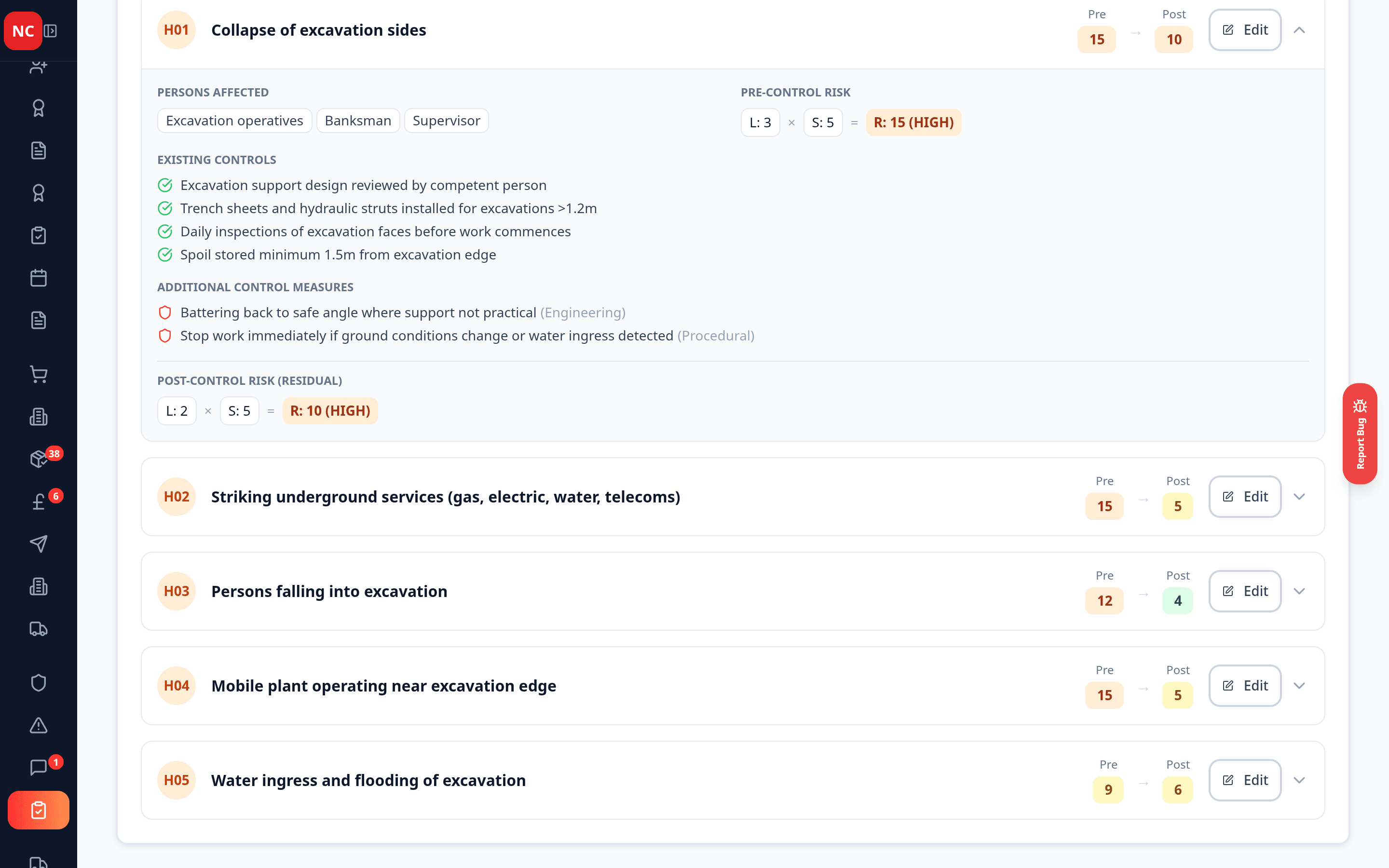 Site Samurai RAMS risk assessment showing excavation hazards with pre and post control risk ratings